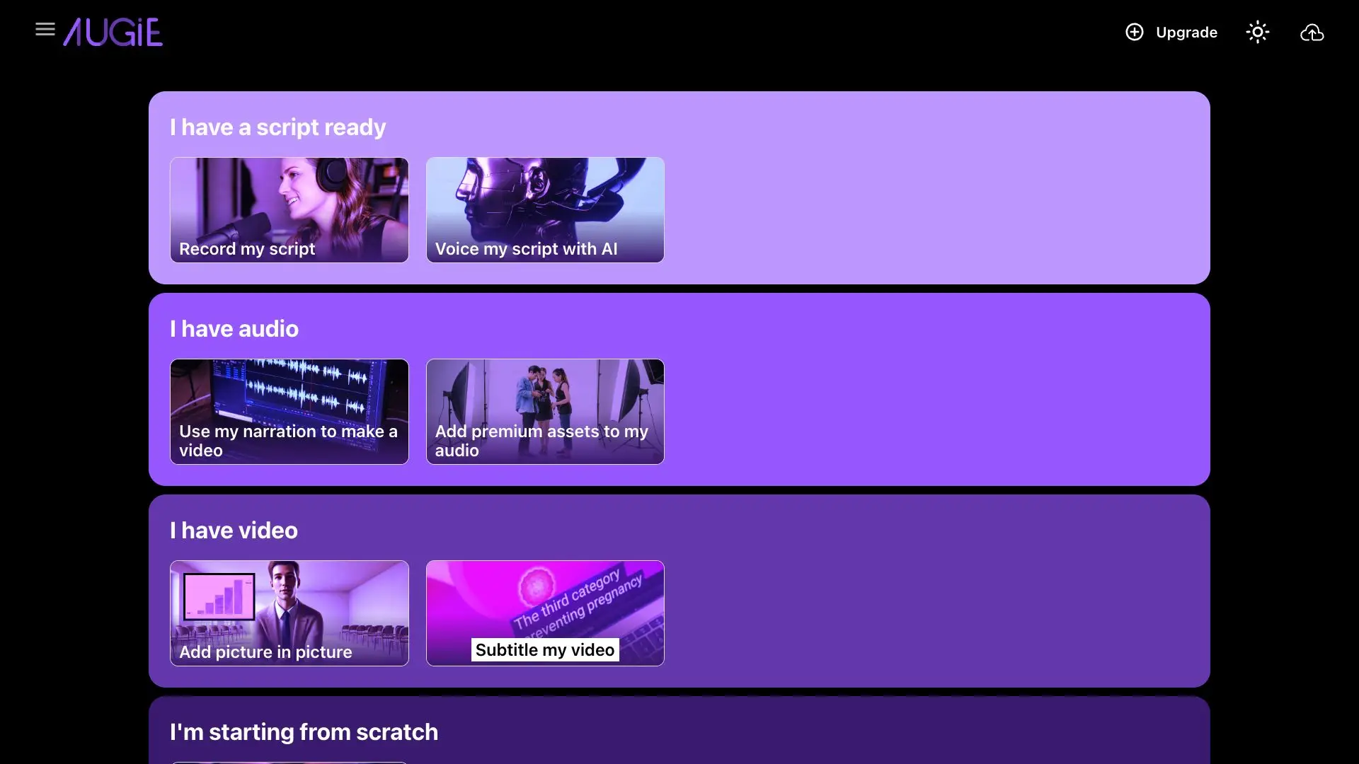 Augie Create a New Video interface with options for script, audio, and video-based video creation.