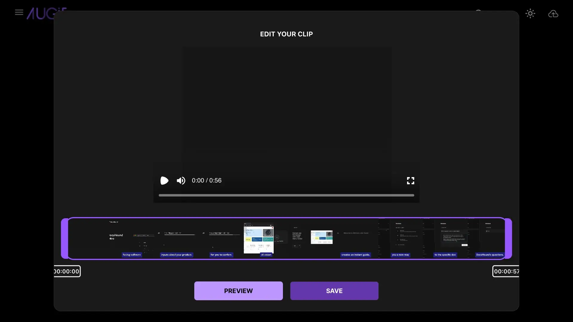 Augie video creation tool - Edit Your Clip screen with video player, timeline, and Preview and Save buttons.