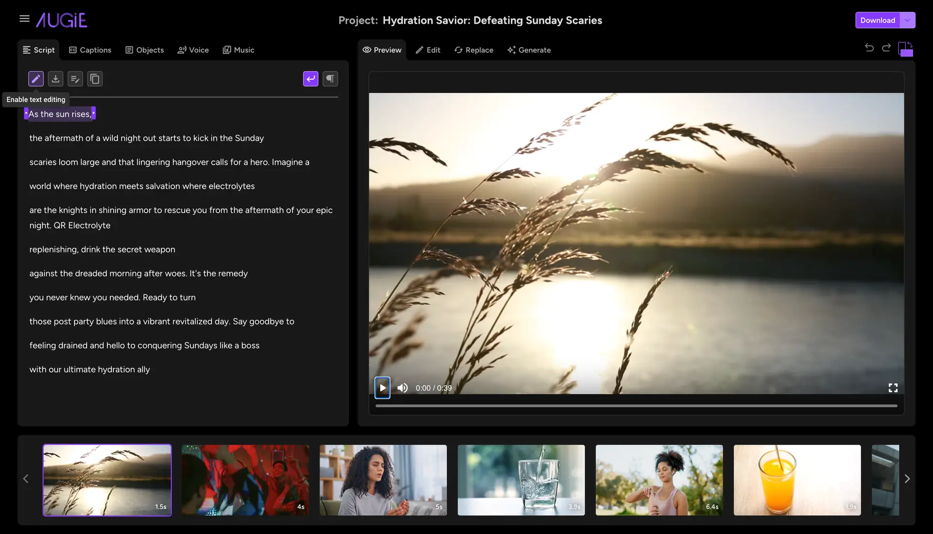 Augie video editing interface with transcript modification and video preview.