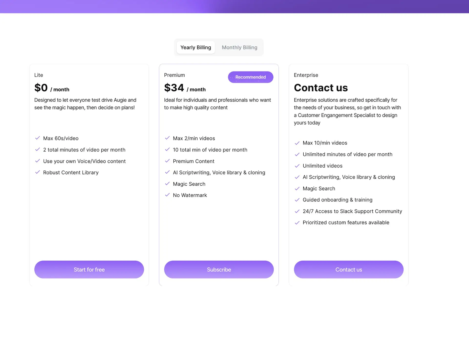 Augie pricing plans: Lite, Premium, and Enterprise with features and pricing details.