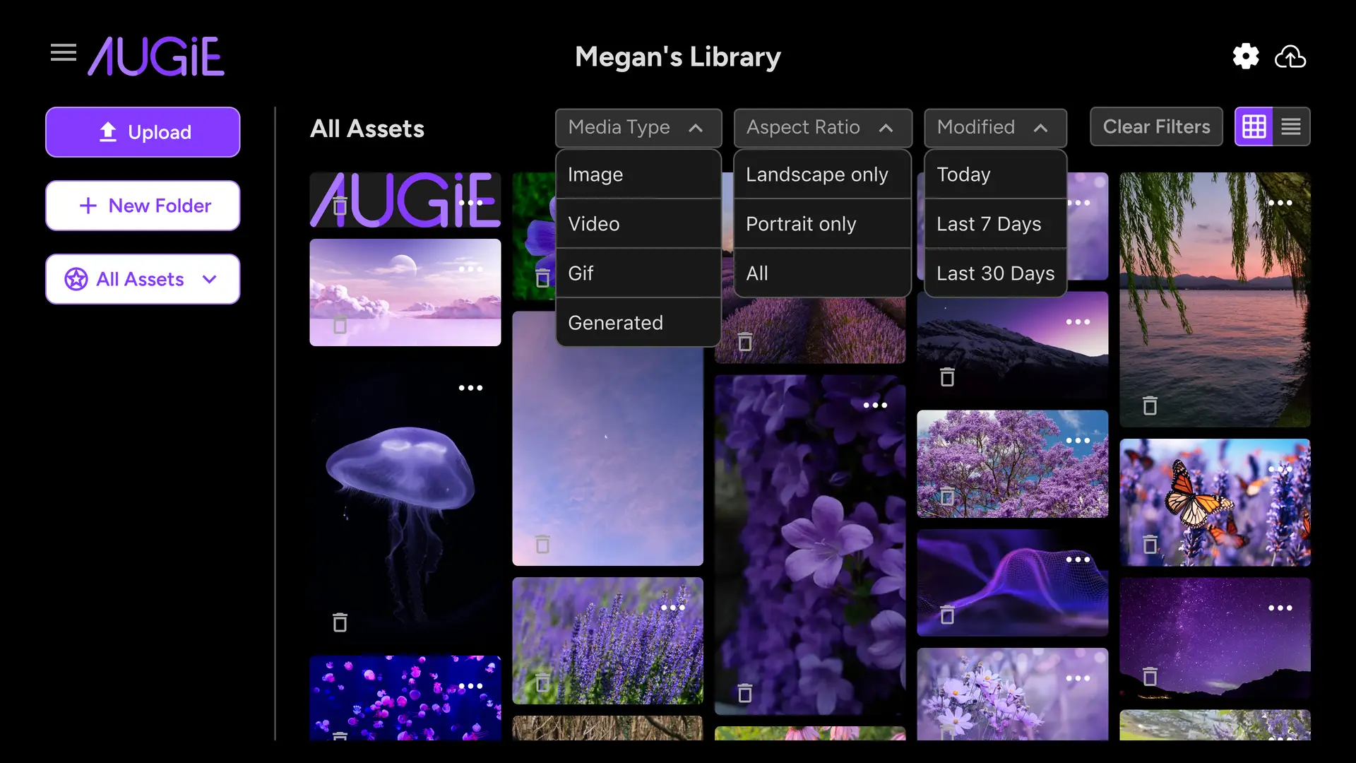 Augie My Library screen showing media assets and filter options.