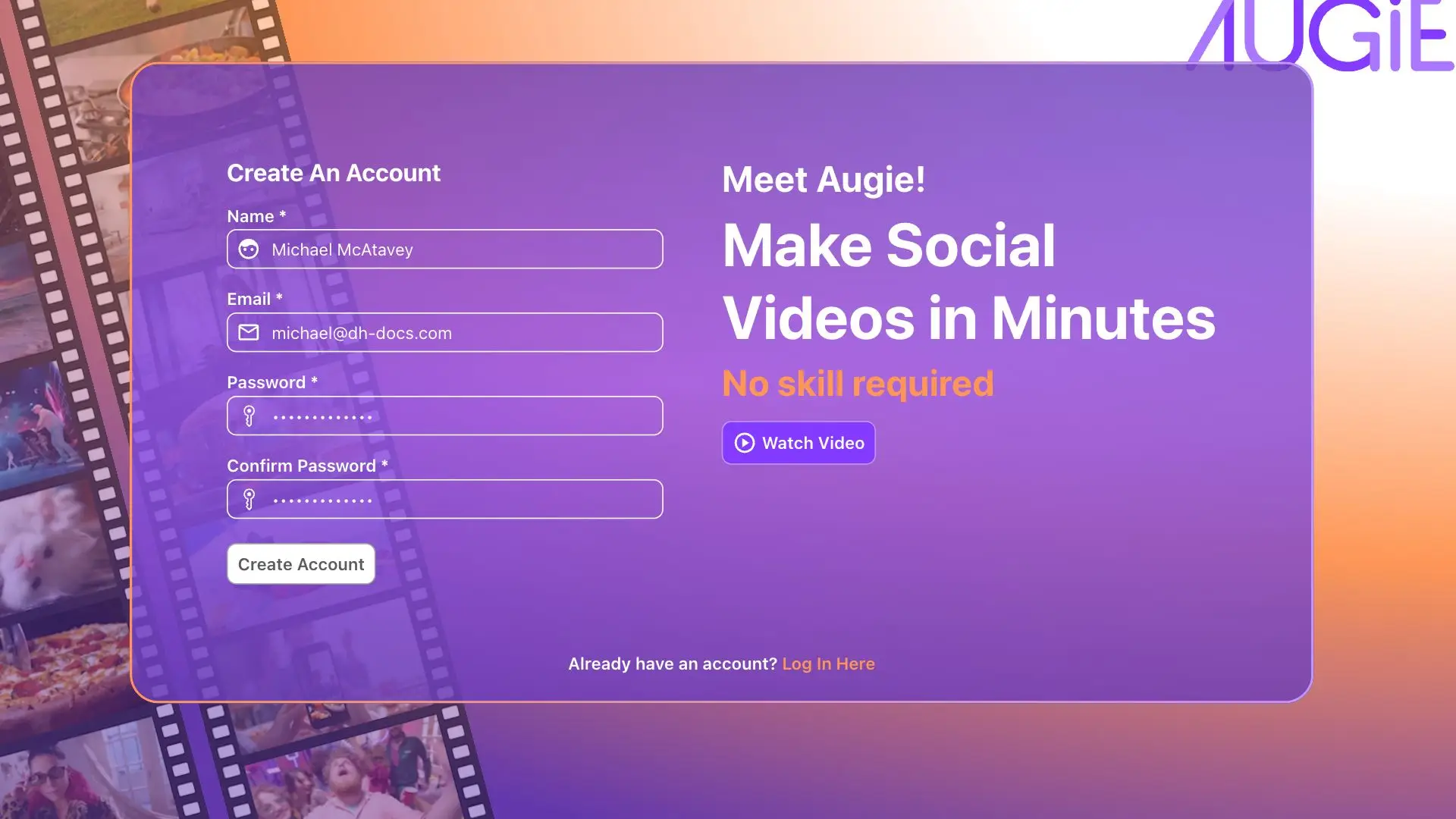 Augie Sign Up Page with Create Account Form and Promotional Message