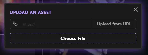 Augie Studio Basics - Upload an Asset dialog with options to upload from URL or choose a file.