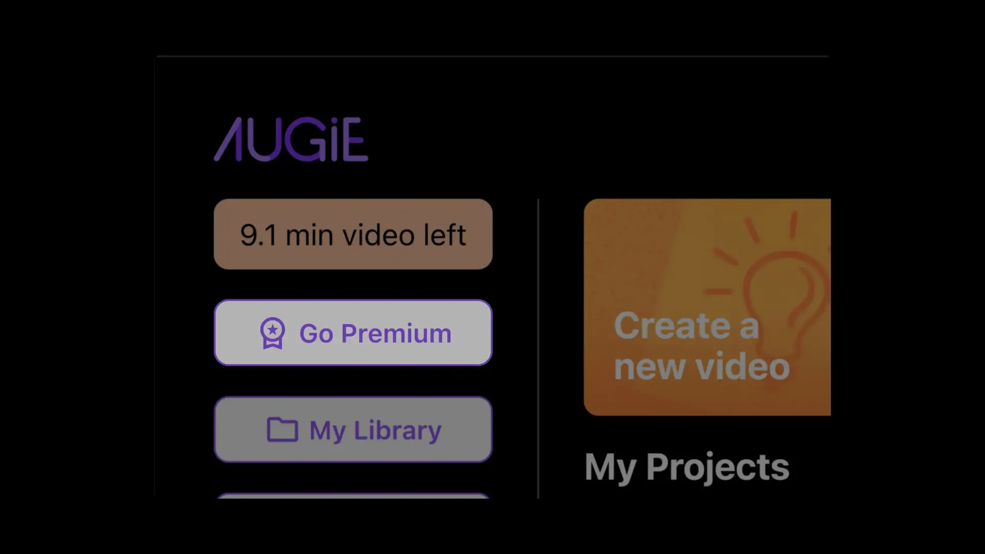 Augie video editing tool interface showing video time left, Go Premium, My Library, and Create a new video options.