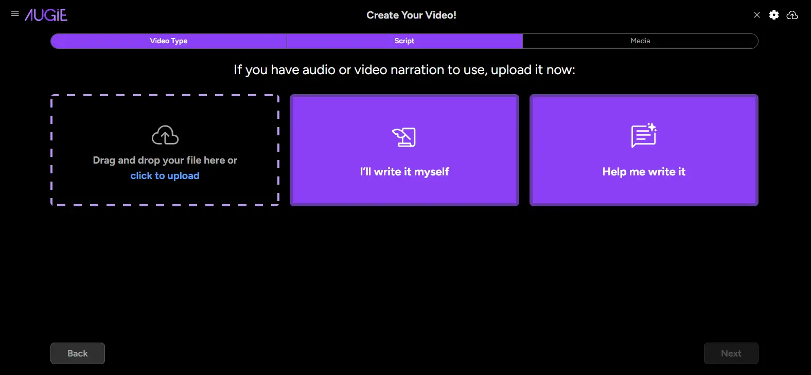 Augie Create Your Video screen, Script step