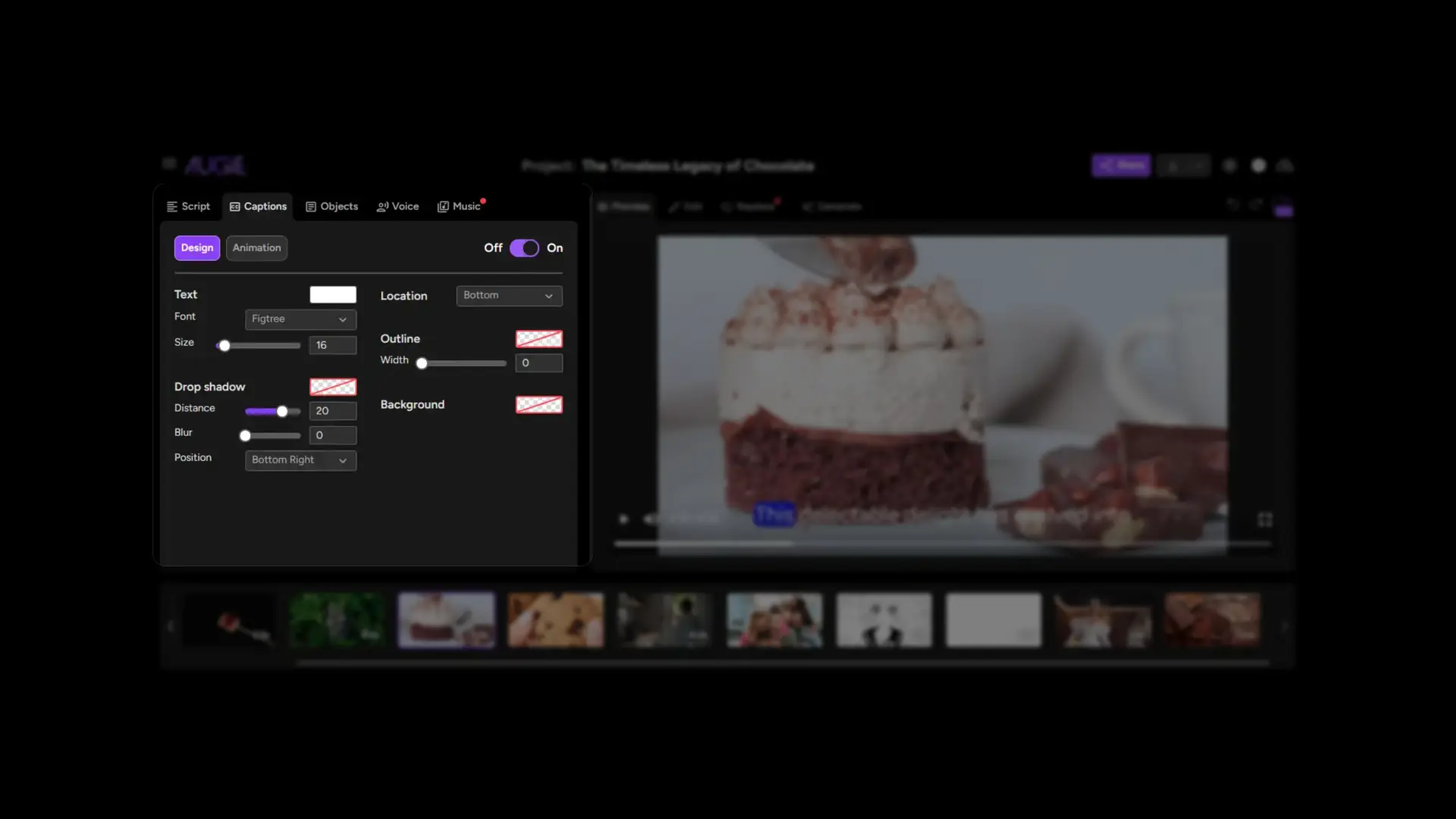 Augie video editing tool, Captions tab for project 'The Timeless Legacy of Chocolate'.