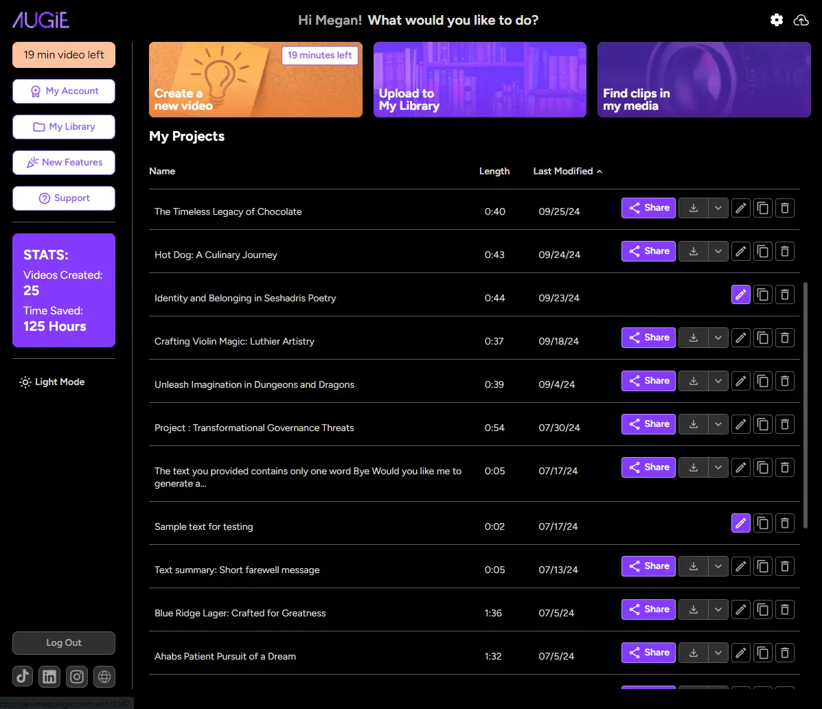 Augie platform dashboard with project list and video creation options