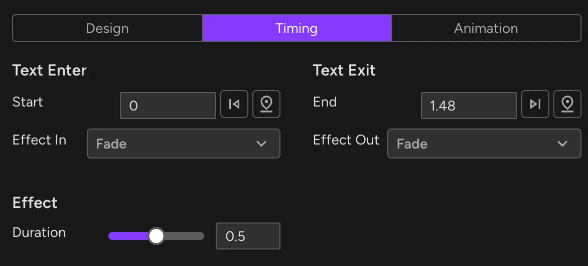 Augie video editing tool, Timing tab for text entry and exit effects.