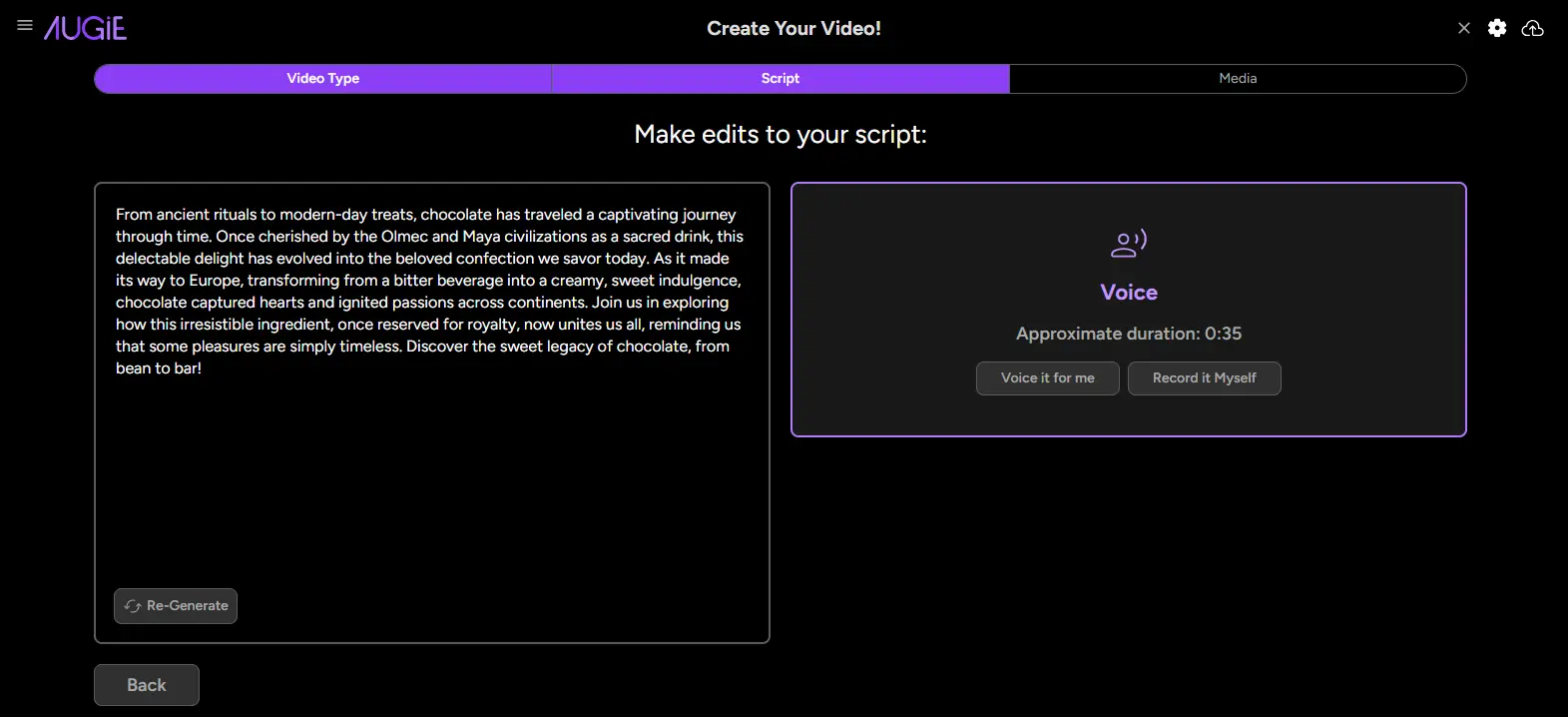 Augie Create Your Video screen with script editing and voice options