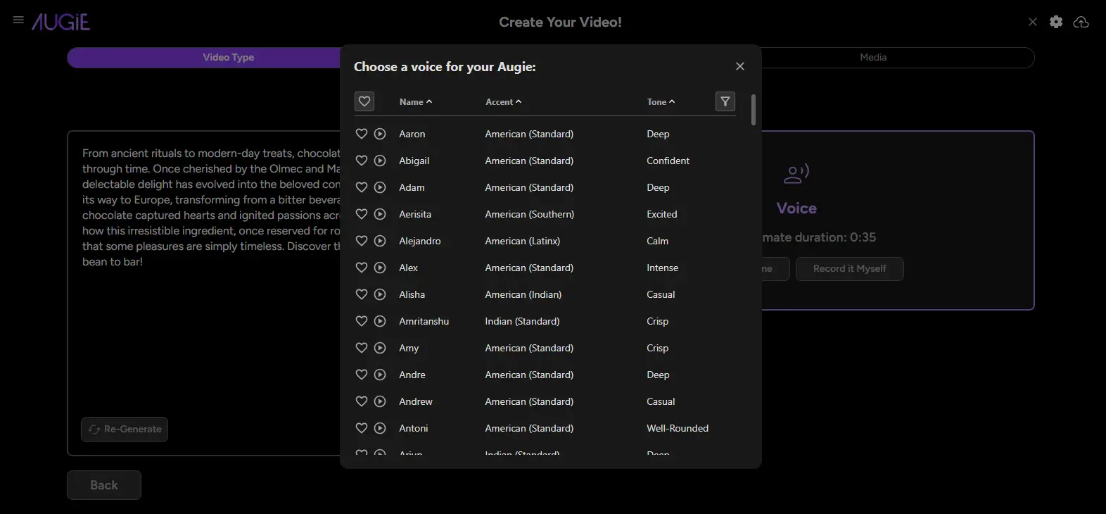 Augie Create Your Video screen with voice selection pop-up