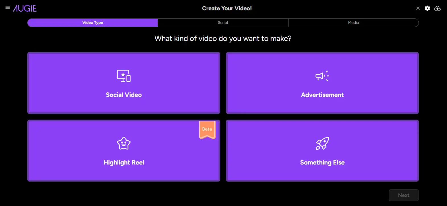 Augie Create Your Video screen, Video Type selection