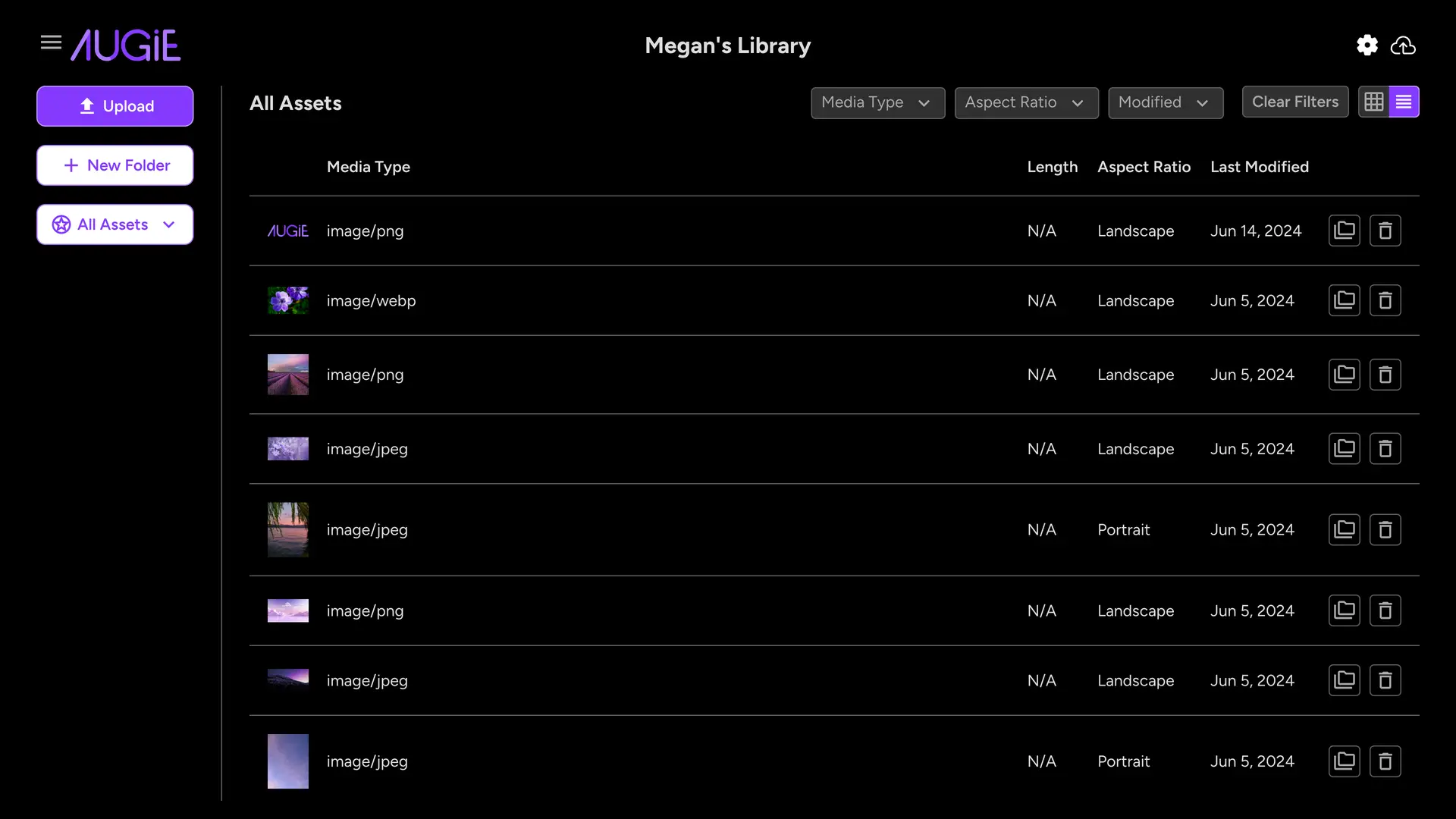 Augie My Library screen showing media assets with options to upload, create new folders, and filter assets.