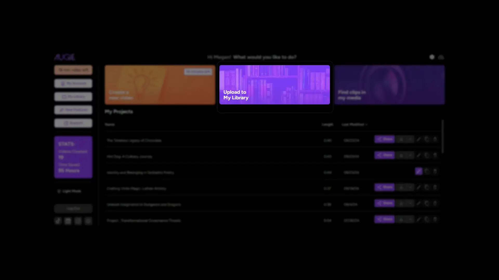 Augie dashboard for creating and managing video projects