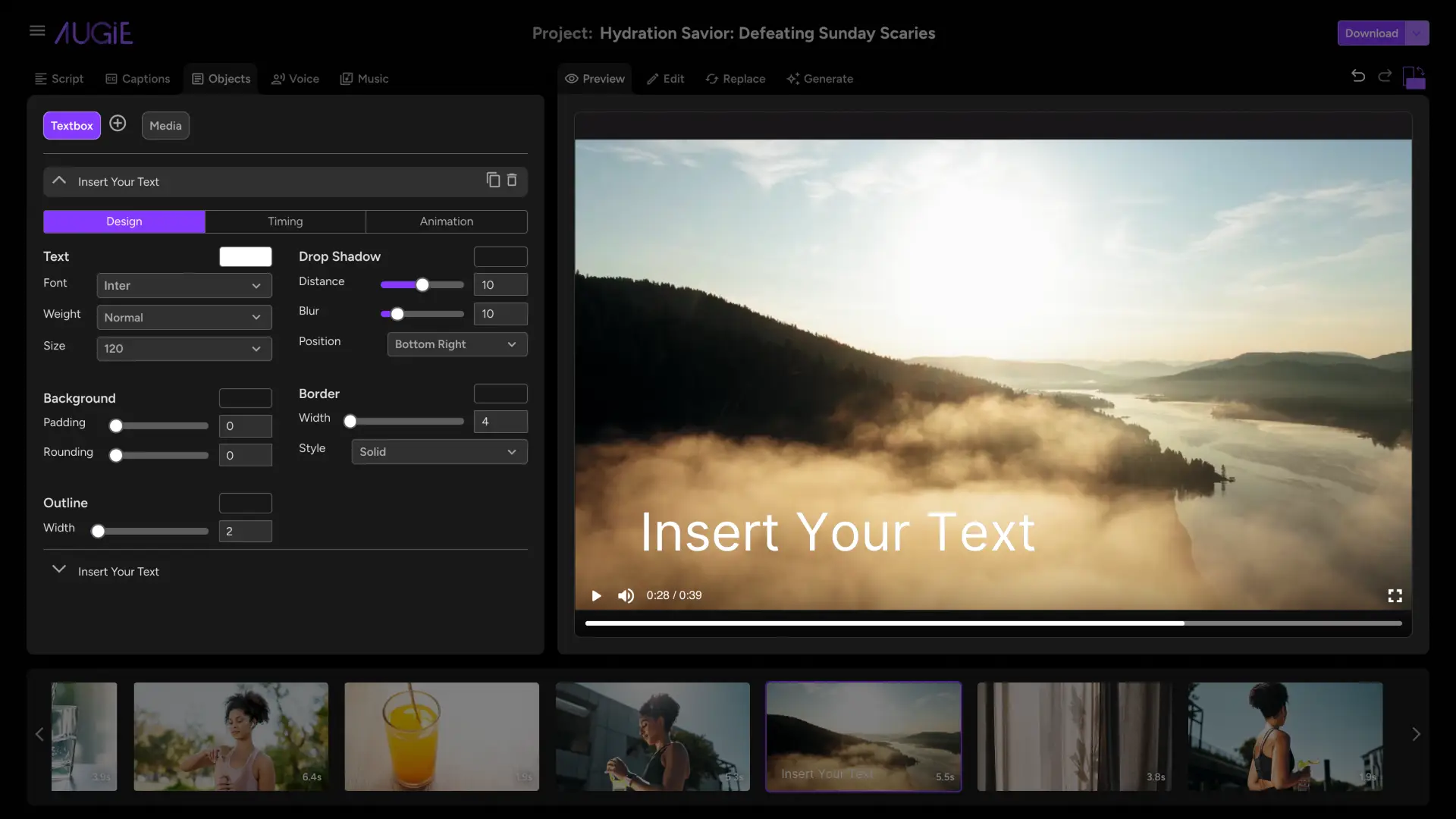 Augie Studio Basics Add Text feature with text customization panel and video preview.