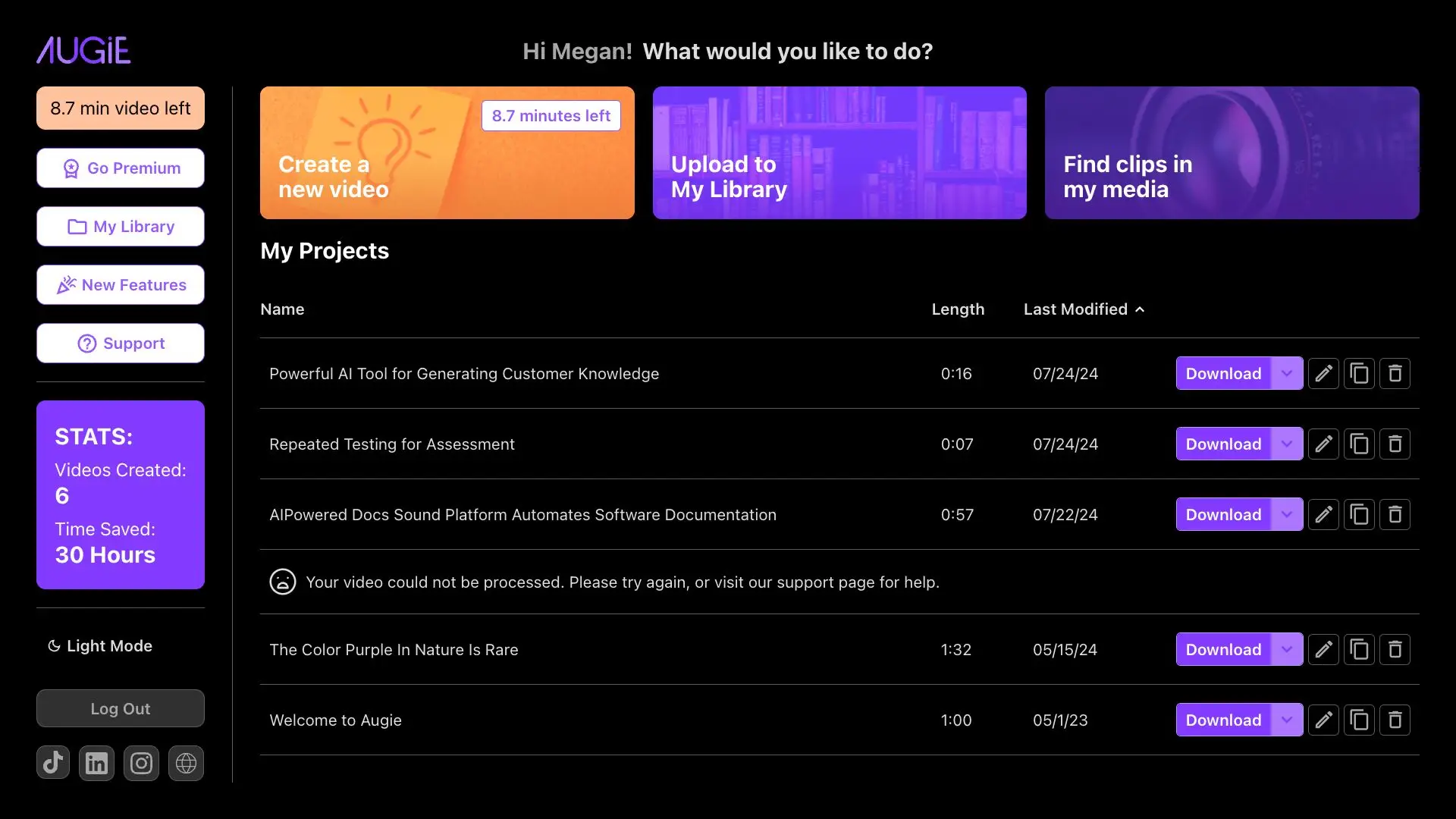 Augie dashboard showing options to create a new video, upload to library, and find clips in media, along with a list of video projects.